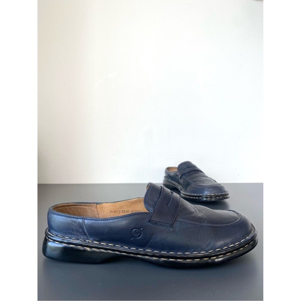 Born Navy leather slip-on mule penny loafers white stitch welt Sz 9 Preppy Chic